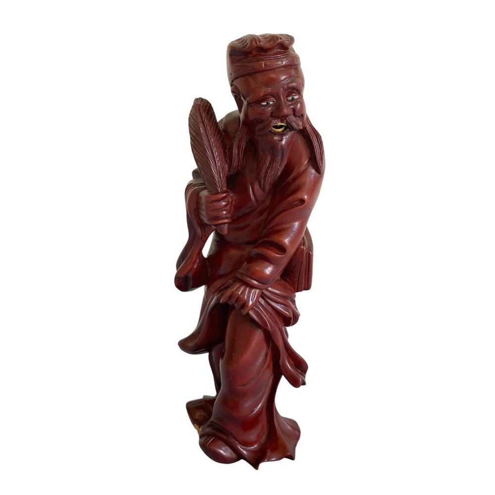 Vintage Chinese Wood Carving Old Wise Man Inlaid Bone Eyes Teeth